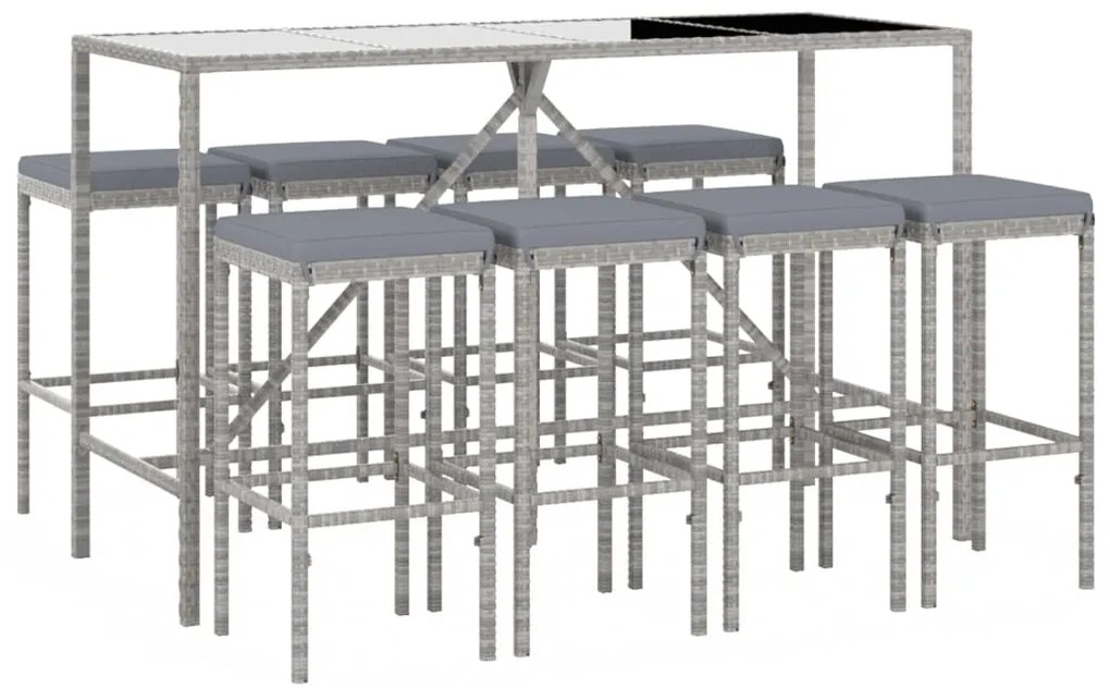 9 pcs conjunto de bar p/ jardim c/ almofadões vime PE cinzento