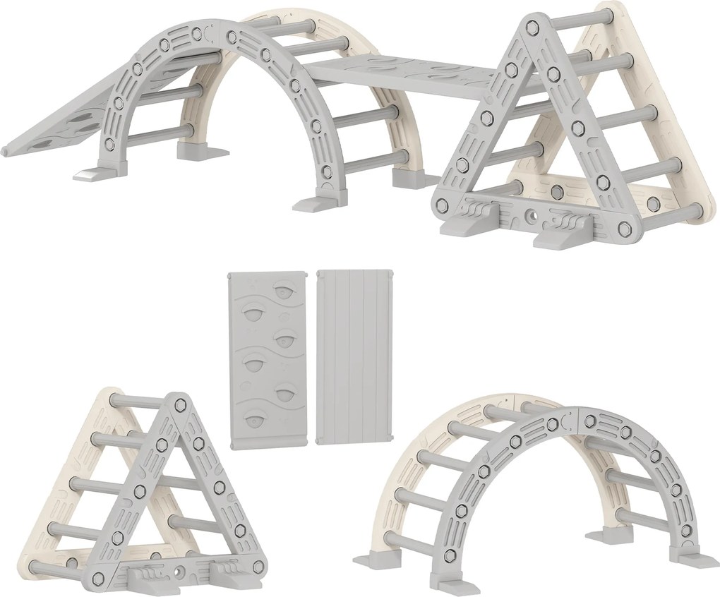 Triângulo de escalada infantil 8 em 1, arco de escalada, rampa dupla para escalar e deslizar, 279 x 80 x 69 cm, cinzento