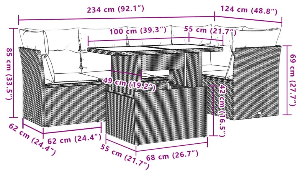 6 pcs conjunto de sofás jardim c/ almofadões vime PE castanho