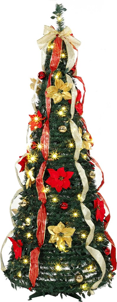 HOMCOM Árvore de Natal Desdobrável 180 cm com 100 Luzes LED, 11 Modos, Comando à Distância e Decoração Incluída, Verde | Aosom Portugal