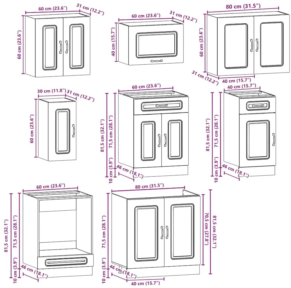 8 peças armário de cozinha conjunto Kalmar branco brilhante