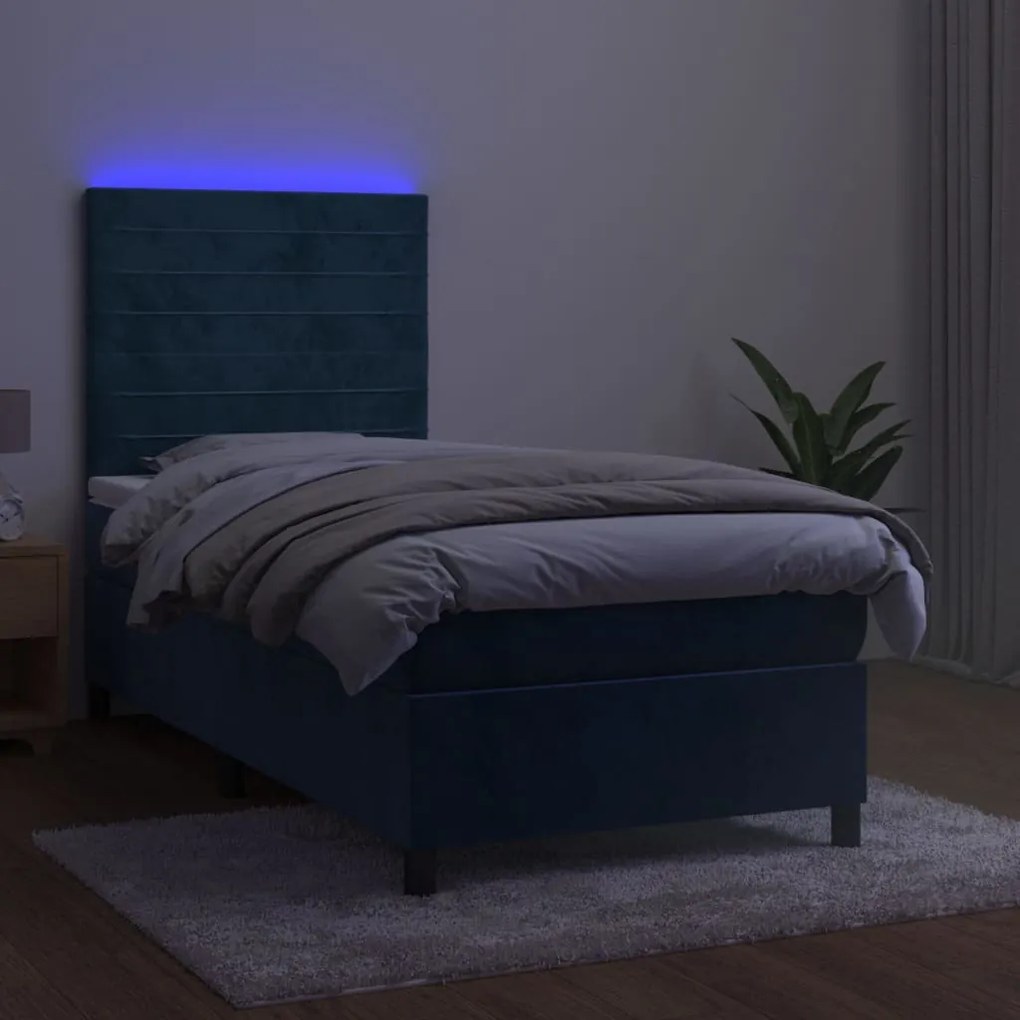 Cama box spring c/ colchão/LED 90x200 cm veludo azul-escuro