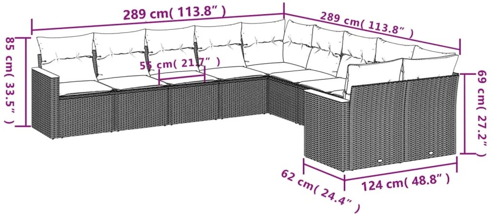 10 pcs conjunto de sofás p/ jardim com almofadões vime PE bege