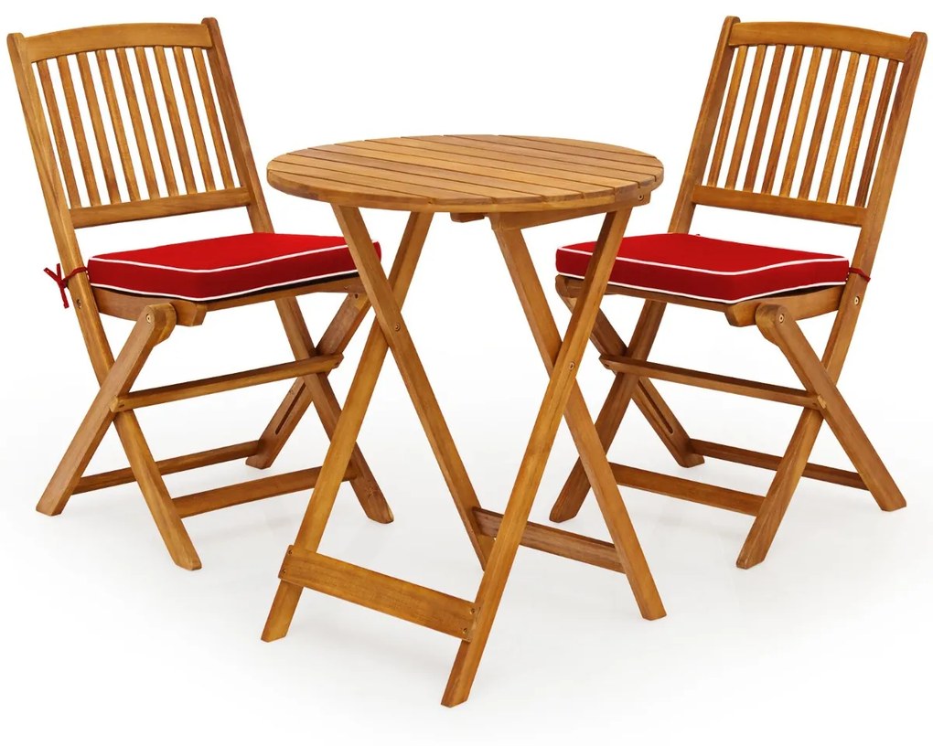 Conjunto 5 Peças Móveis Bistro de Madeira 2 Cadeiras com Almofada Mesa de Madeira de Acácia Mesa de Exterior Dobrável para Terraço Jardim Piscina Verm