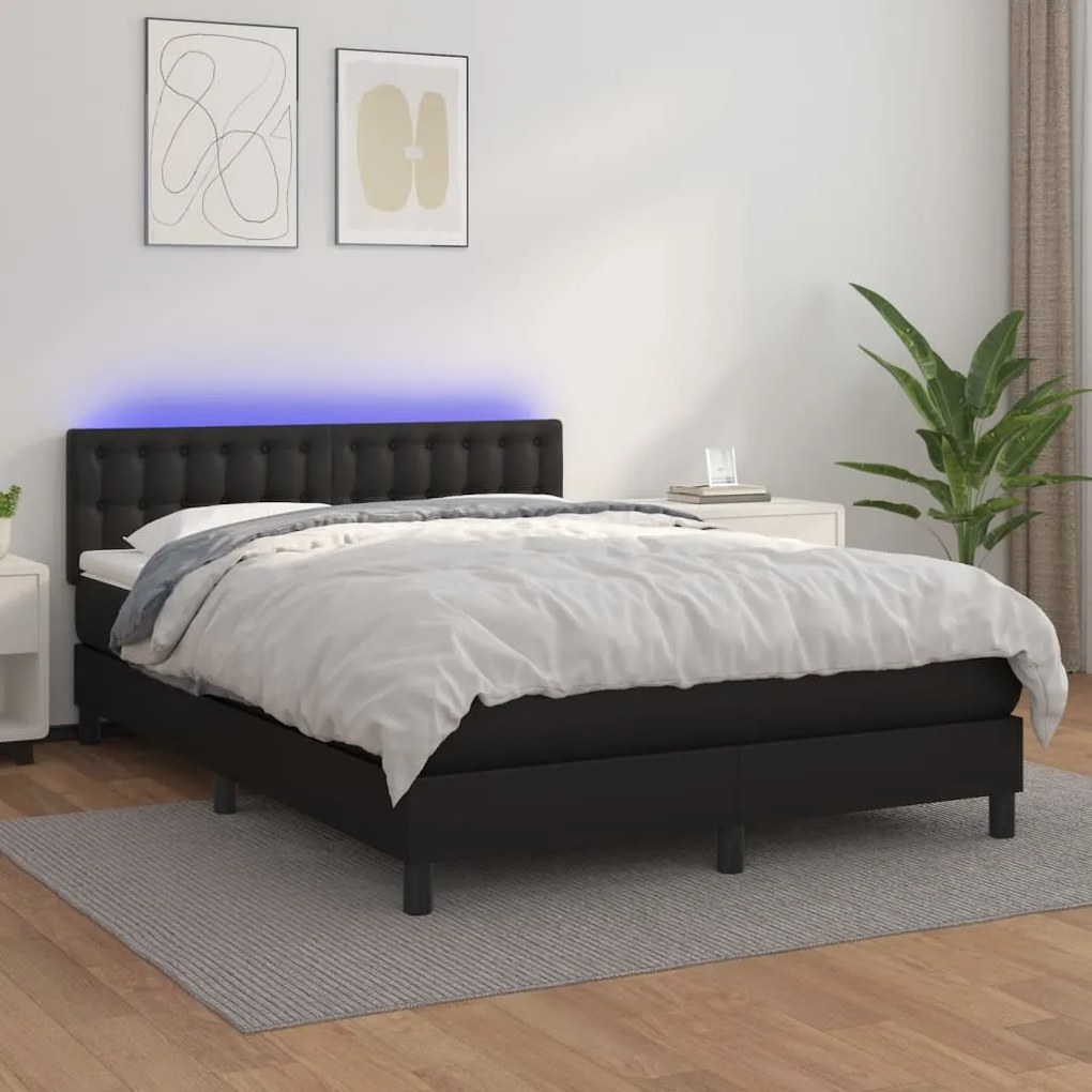 Cama box spring c/ colchão/LED 140x190cm couro artificial preto