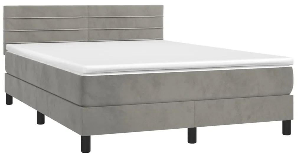 Cama box spring c/ colchão/LED 140x190 cm veludo cinzento