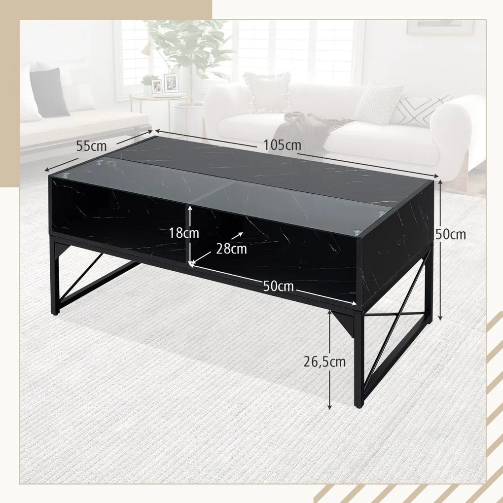 Mesa de centro com luzes LED de alto brilho com tampo de mármore sintético e tampo de vidro temperado com 4 cubos Preto