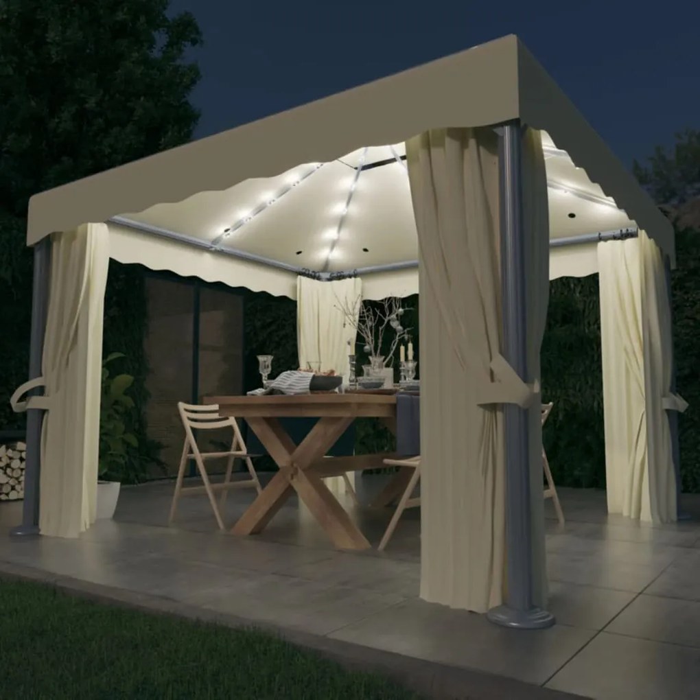 vidaXL Gazebo com cortinas e cordões de luzes LED 3x3 m branco nata