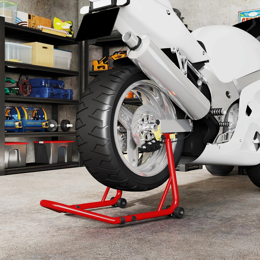 Bloqueador de roda de moto para pneu traseiro com capacidade para 544 kg, com garfos ajustáveis em U e L em aço, 69 x 58,5 x 34,5 cm, vermelho