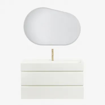 Conjunto De Móvel De Casa De Banho Suspenso Em Madeira E Folha De Freixo Com Lavatório Integrado Ona Branco & Oval Led E Anti-embaciamento 100x80 Cm R
