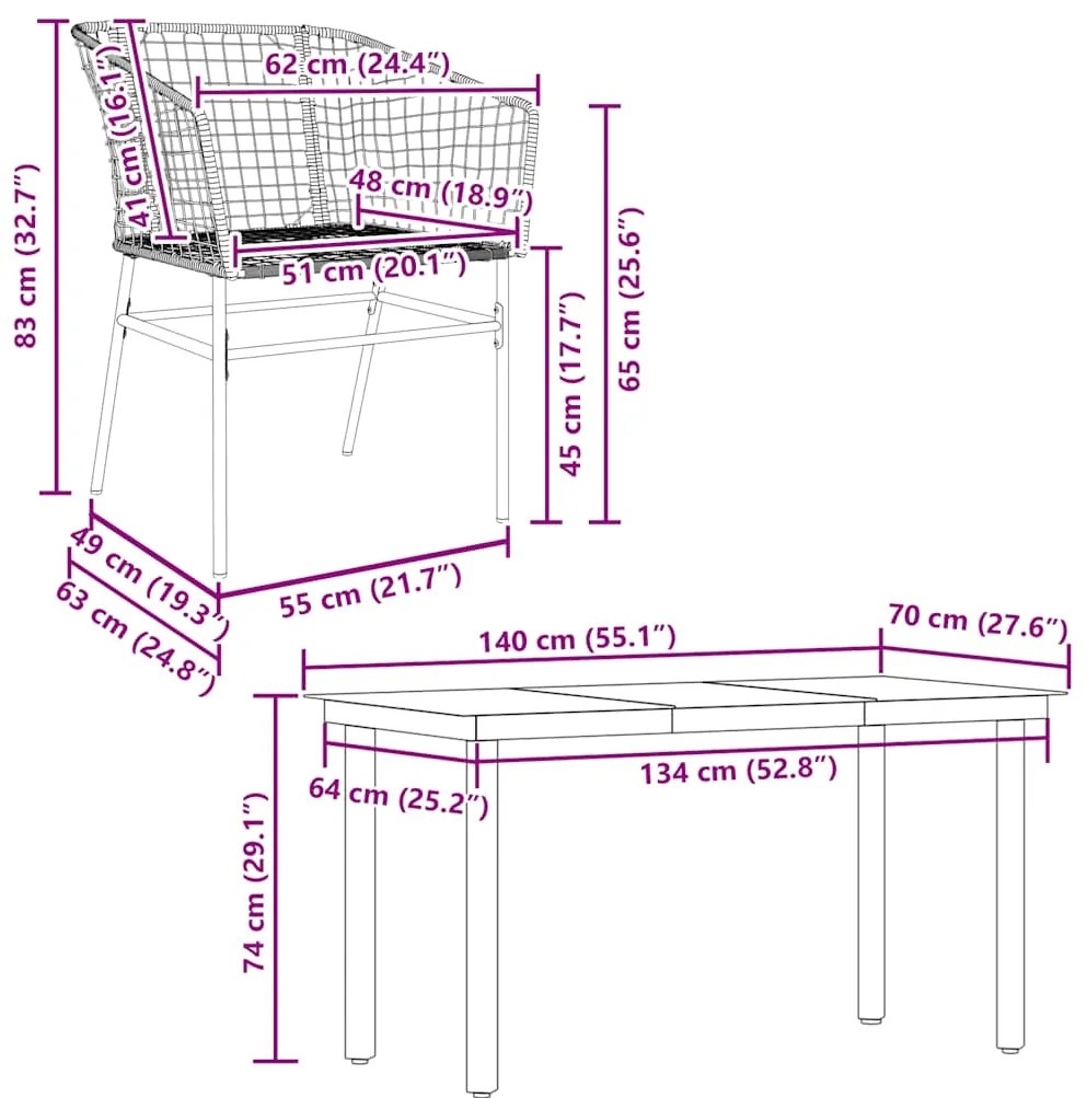 Conjunto de jantar jardim 5 peças vidro vime PE preto