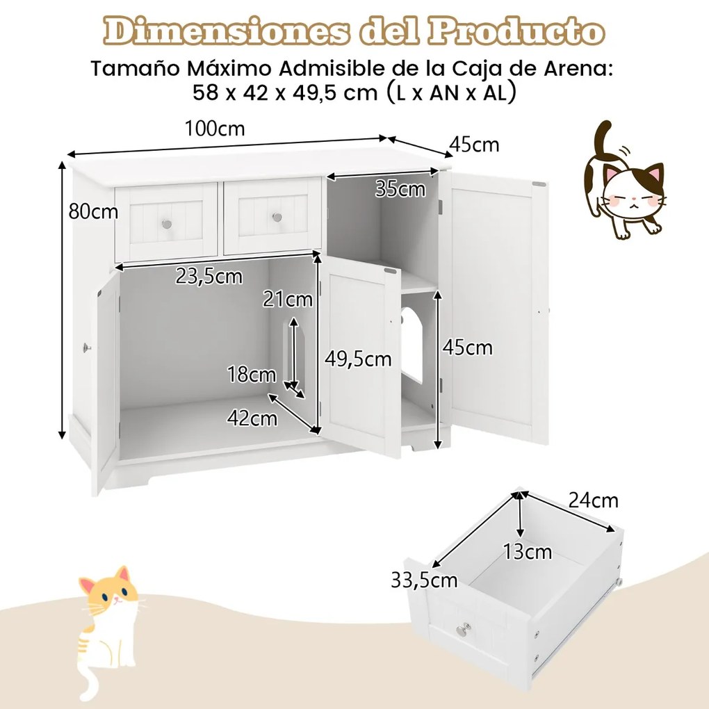 Móvel para caixas de areia para gatos Armário lateral para lavagem oculta de gatos com 2 gavetas 3 portas Dispositivos anti-queda Branco