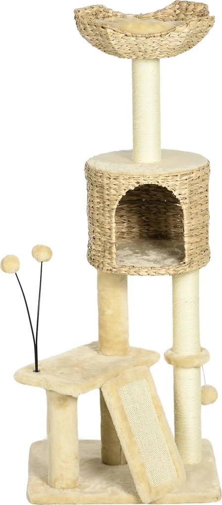 Arranhador  para gatos com 116 cm de altura, com casinha, cesto, plataformas, pompons de pelúcia e jacintos de água - bege