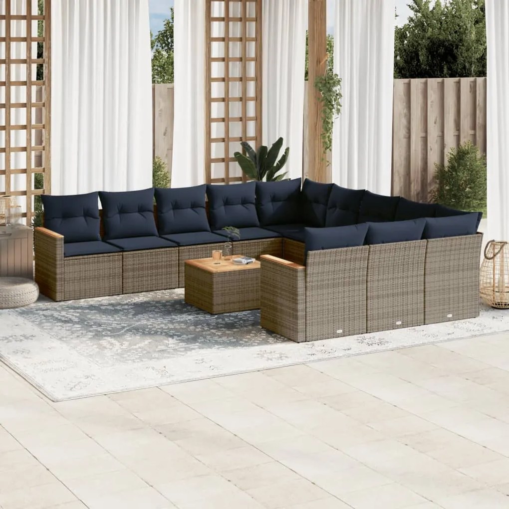vidaXL 12 pcs conjunto sofás p/ jardim c/ almofadões vime PE cinzento