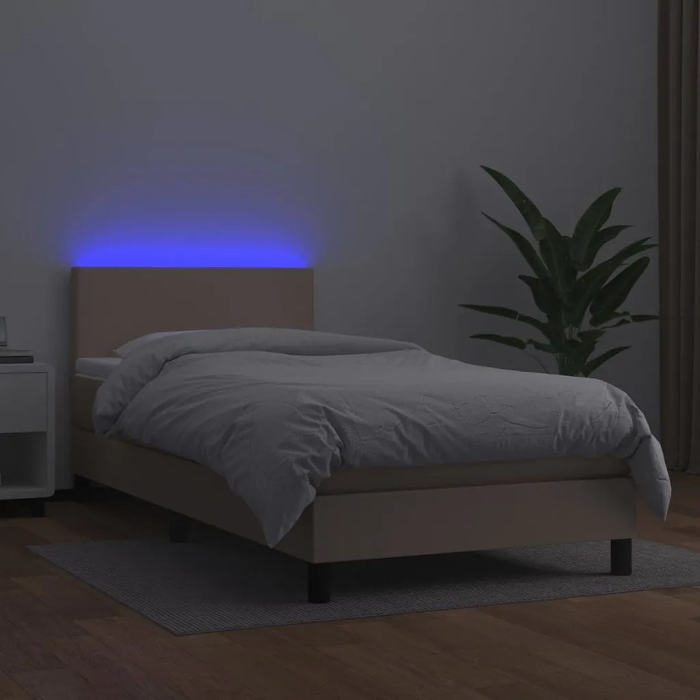 Cama box spring c/ colchão/LED 90x200cm couro artif. cappuccino