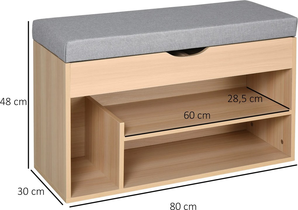 Banco para sapatos com 2 níveis de arrumação 80 (L) x 30 (P) x 48 (A) cm, compartimentos abertos + baú integrado com almofada bege-cinzenta