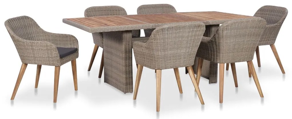 7 pcs conjunto jantar exterior com almofadões vime PE