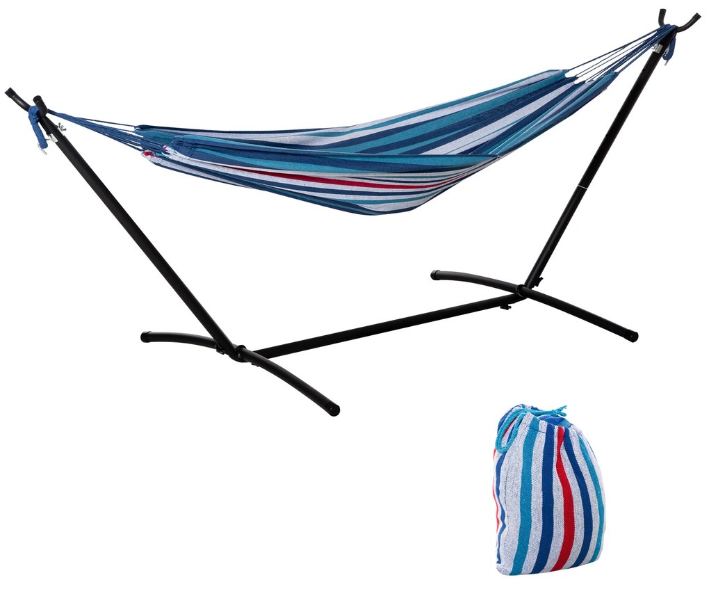 Outsunny Cama Rede com Suporte 310x117 cm com Bolsa de Transporte Altura Ajustável Capacidade 120 kg para Campismo Azul e Branco | Aosom Portugal