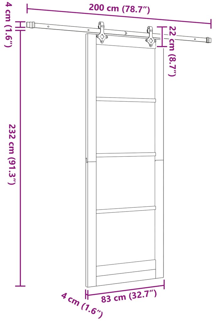 Conjunto de Porta Deslizante vidaXL com Hardware 83x232 cm Madeira Sól