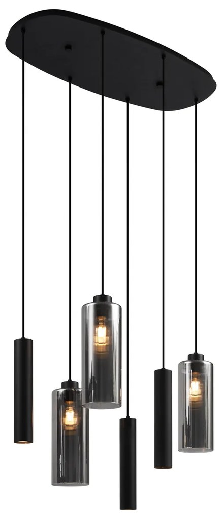 Candeeiro Pendente Moderno Preto com Vidro Fumê 6 Luzes - Duplantis