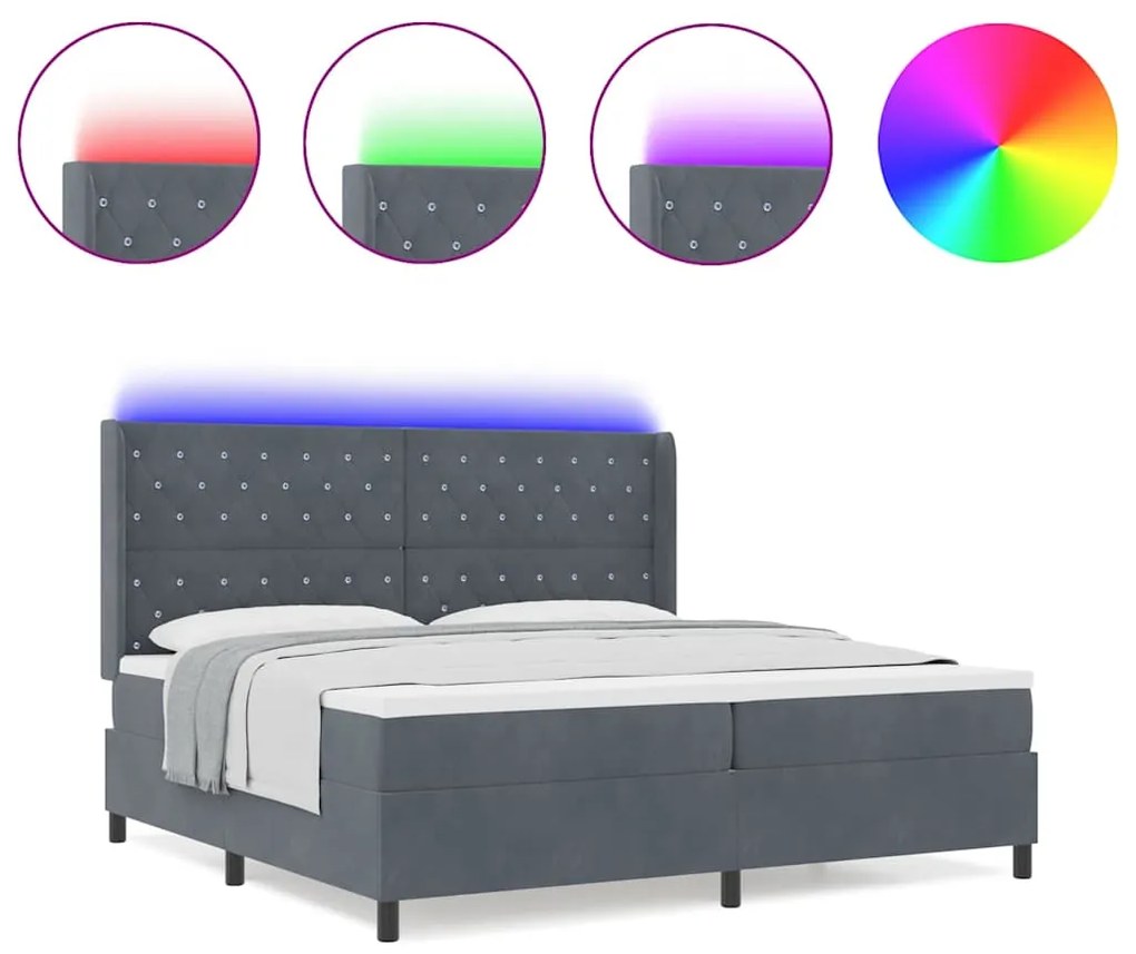 Cama Box Spring com Colchão e LED Cinza Escuro 200x200 cm Veludo