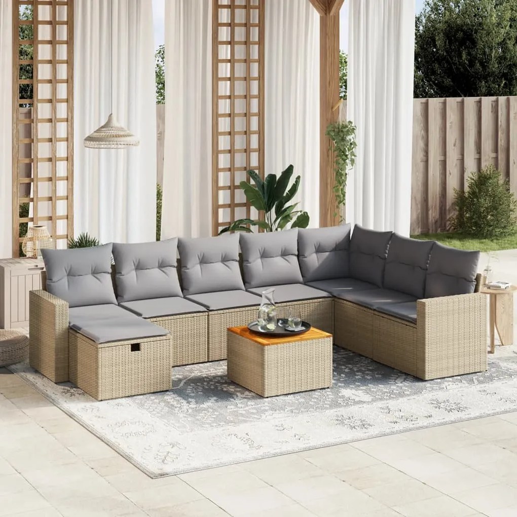 9 pcs conj. sofás jardim c/ almofadões vime PE bege misturado