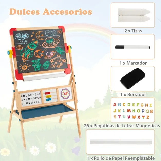 Cavalete Quadro de madeira para crianças 3 em 1, quadro branco giratório de dupla face, bandeja de desenho para crianças de mais de 3 anos
