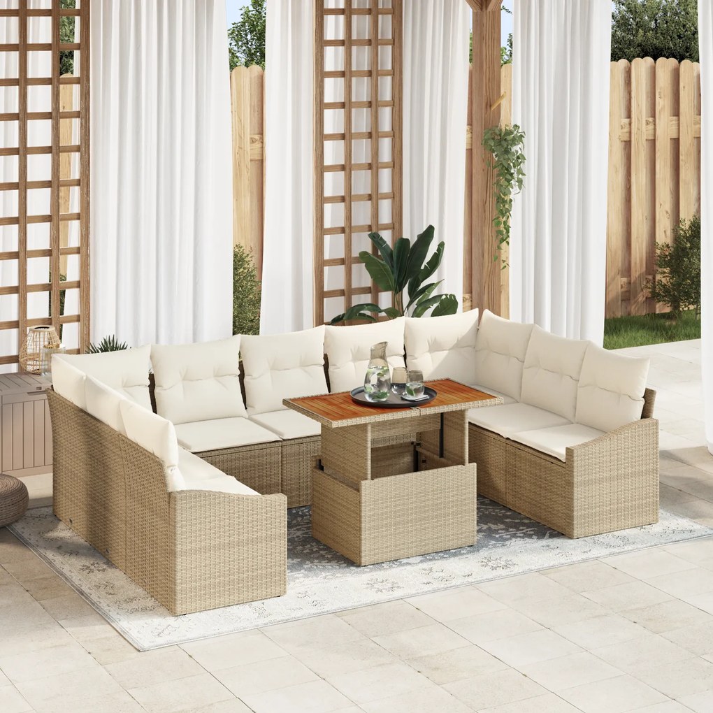 vidaXL Conjunto de Jantar de Jardim de 10 Peças com Almofadas Bege em Vime PE e Acácia