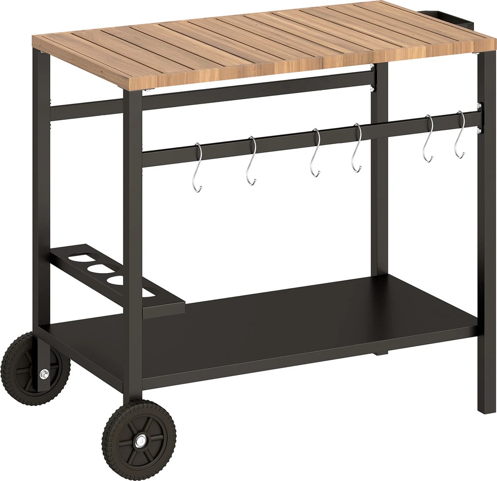 Outsunny Carrinho de Churrasco de 2 Níveis Mesa Auxiliar para Churrasco Móvel com Rodas Porta-bebidas Ganchos Pega Preto e Castanho | Aosom Portugal