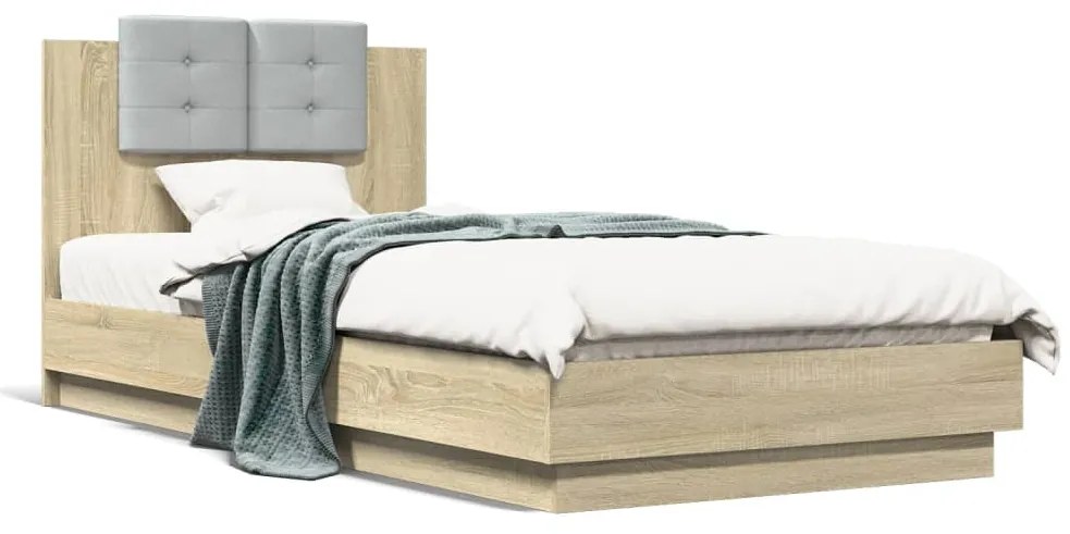 vidaXL Estrutura cama c/ cabeceira/luzes LED 90x200 cm carvalho sonoma