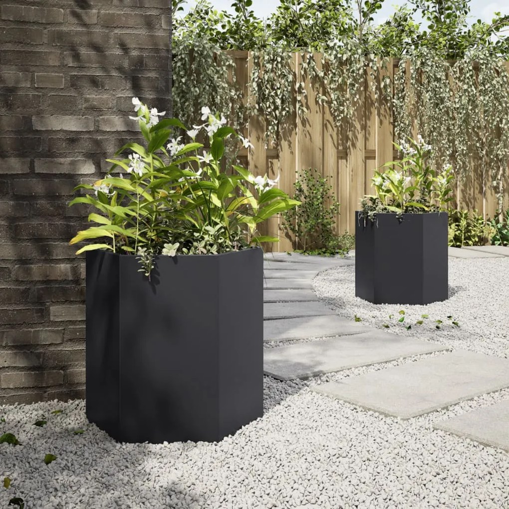 Vasos floreiras de jardim 2 pcs hexagonal 46x40x45 cm aço preto