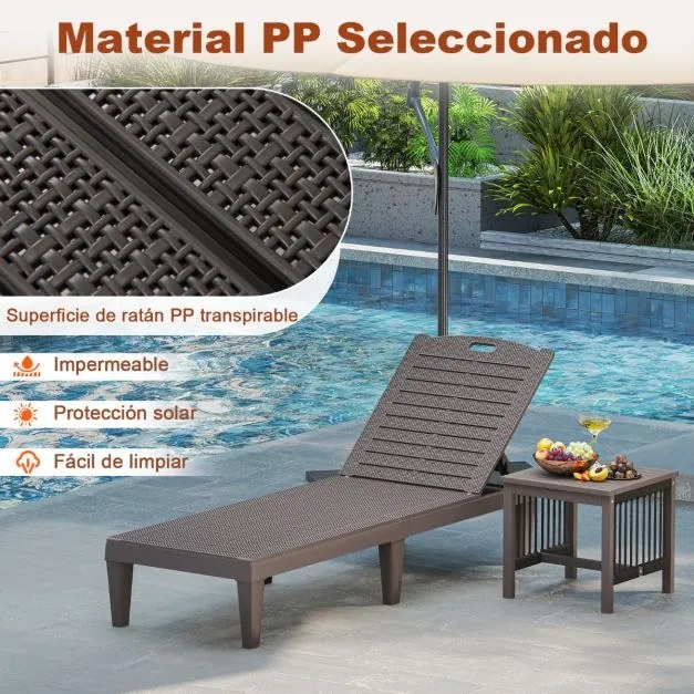 Conjunto de 2 espreguiçadeiras de Jardim 156 x 55 x 83 cm em PP com encosto ajustável em 4 posições Fácil montagem Castanho
