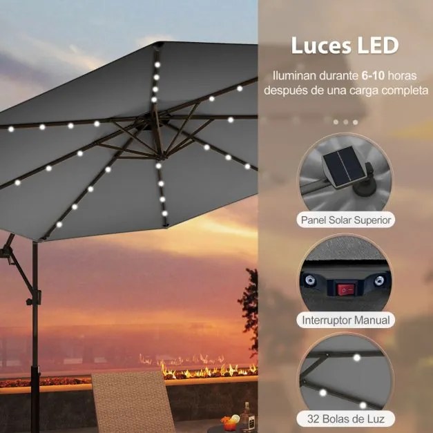 Guarda-sol exterior de 3 m com rotação de 360° e 32 luzes LED Ajuste fácil da inclinação Manivela Cinzento