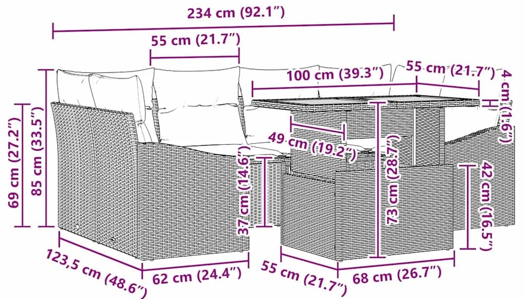 Conjunto de Jantar para Jardim com 7 Peças e Almofadas Bege em Rattan