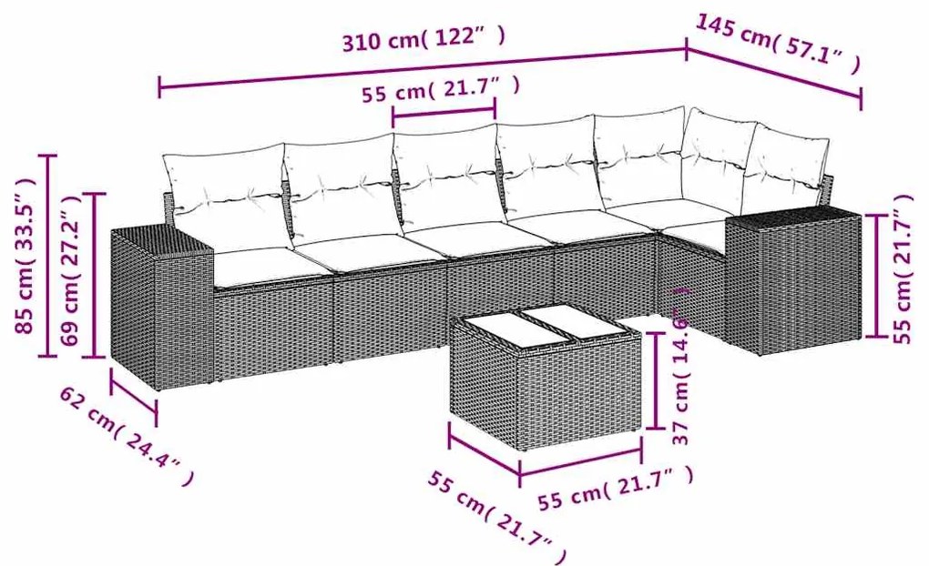 7 pcs conjunto de sofás p/ jardim com almofadões vime PE bege