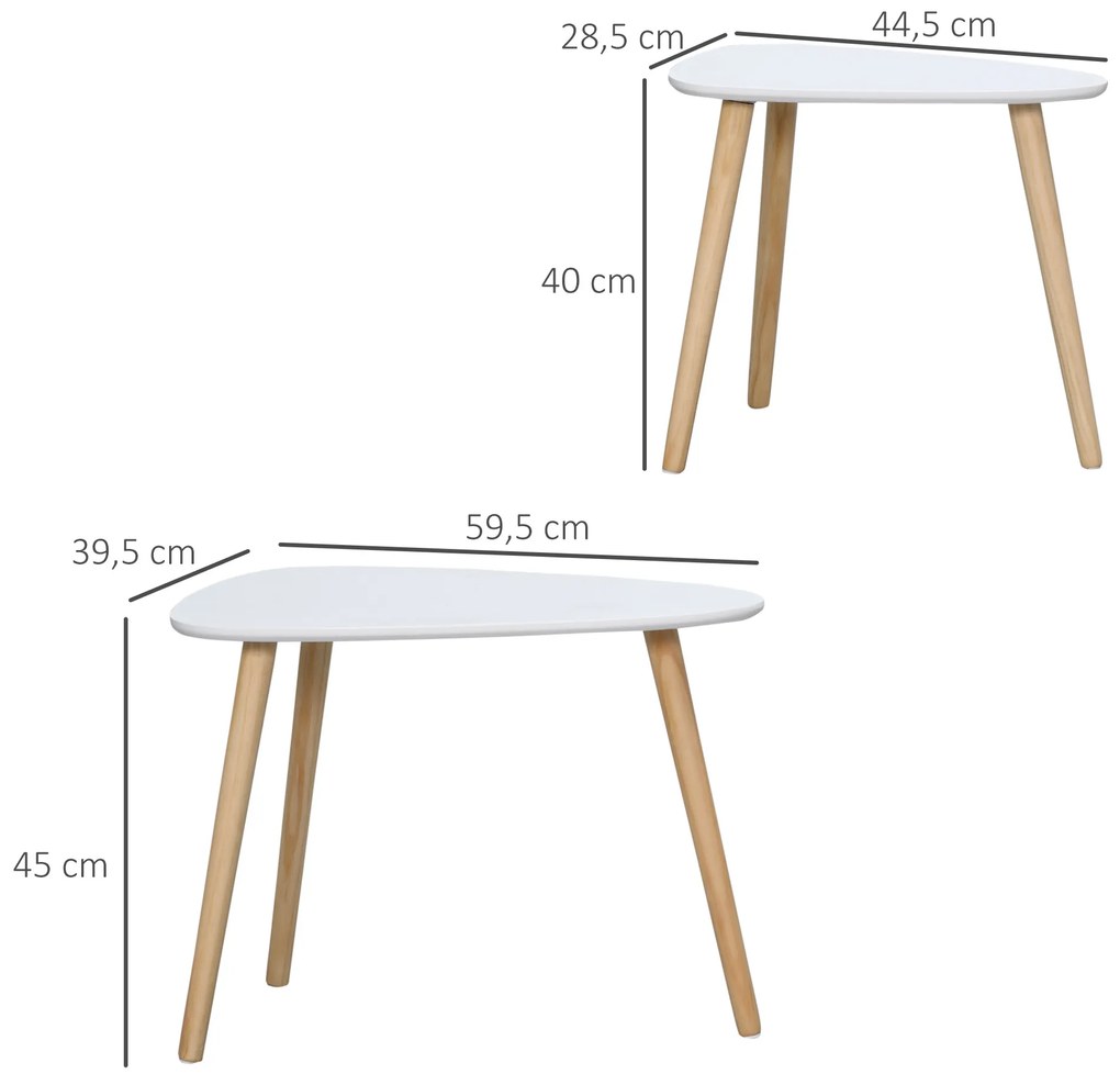 Conjunto de 2 Mesas Auxiliares com Pés de Madeira Mesas de Café para Sala de Estar Dormitório Escritório 59,5x39,5x45cm e 44,5x28,5x40cm Branco