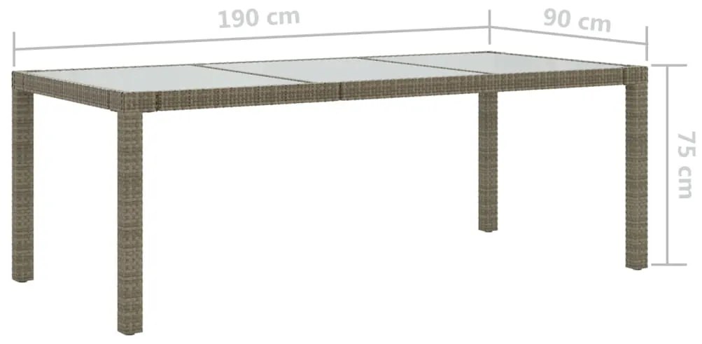 Mesa de jardim 190x90x75 cm vidro temperado e vime PE cinzento