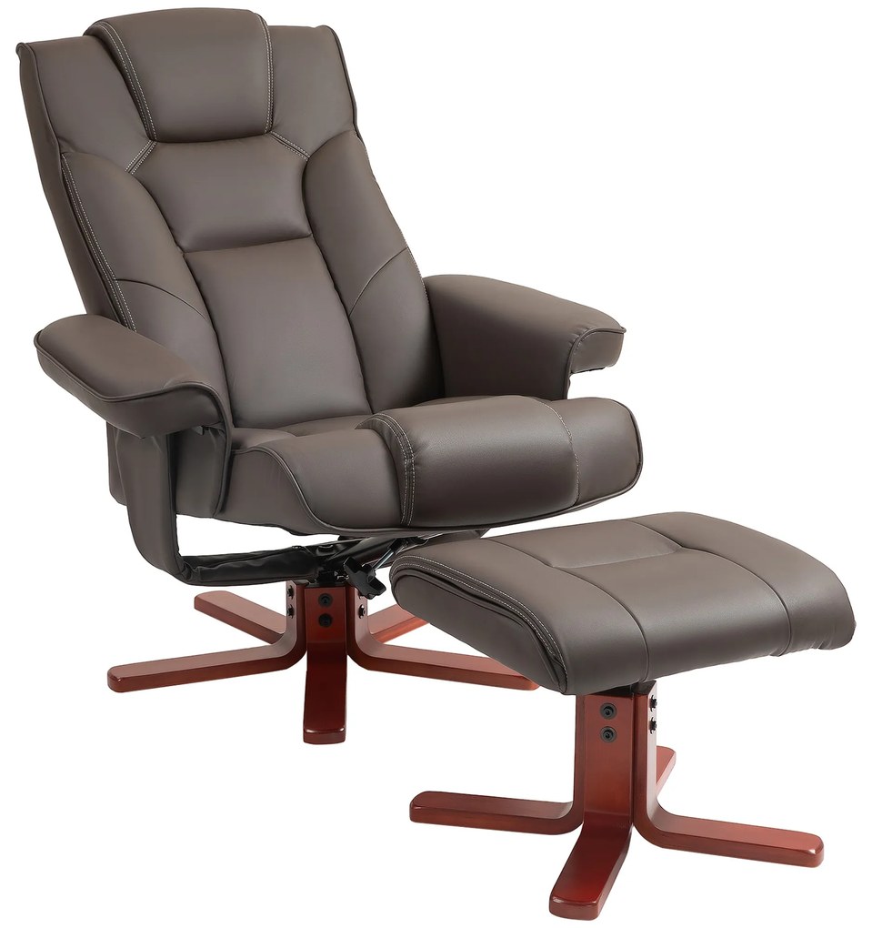 HOMCOM Poltrona Reclinável com Apoio para os Pés Poltrona de Sala de Estar Estofada em PU e Estrutura de Madeira 83x78x105 cm Marrom | Aosom Portugal