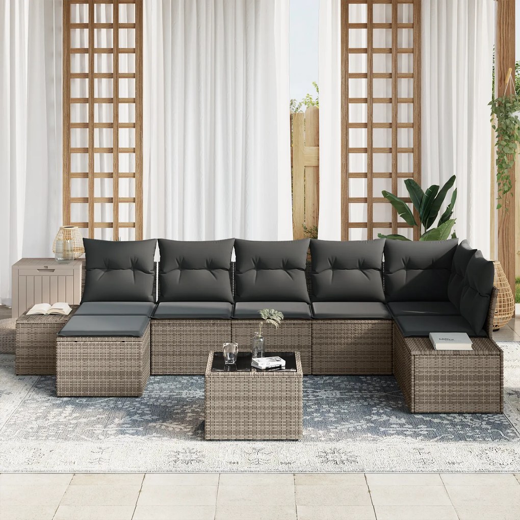 Conjunto de Sofá de 7 Peças com Almofadas Rattan Poliéster Preto