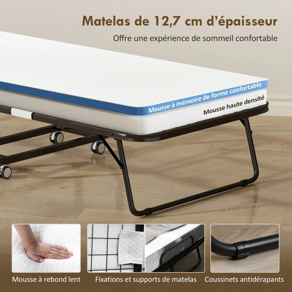 Cama dobrável individual de 200 x 80 cm com colchão, cama extra dobrável e portátil com Rodas, estrutura em aço preto, branco