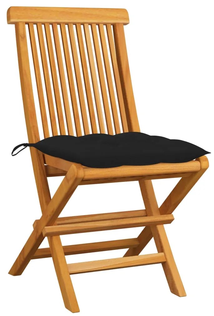 Cadeiras de jardim c/ almofadões pretos 2 pcs teca maciça