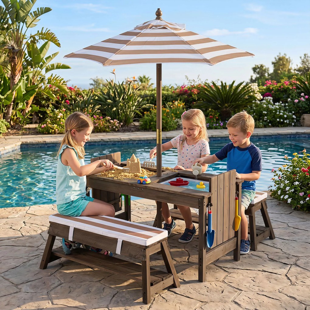 Conjunto de Mesa Infantil com 2 Bancos e Sombrilha, 89 x 44 x 50 cm, Sombrilha Ajustável em 3 Posições, Castanho