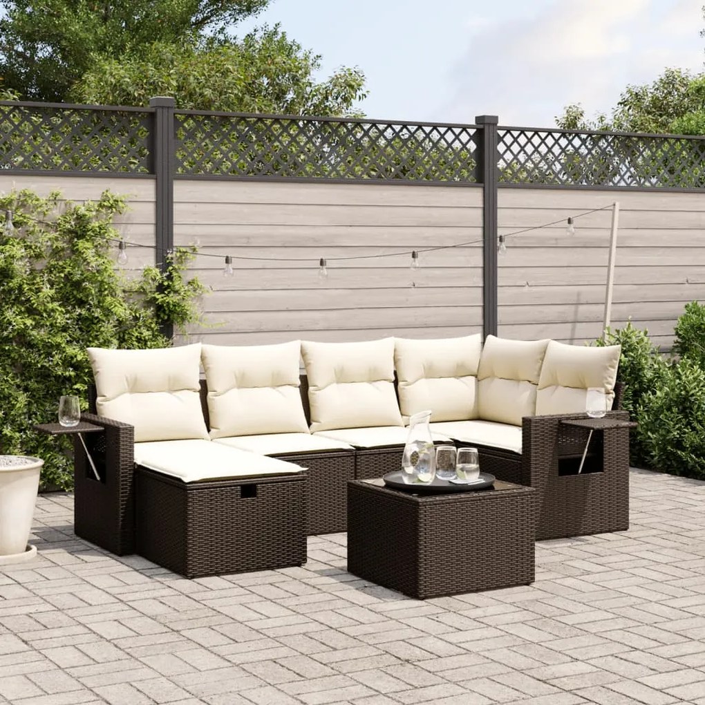 6 pcs conjunto de sofás jardim c/ almofadões vime PE castanho