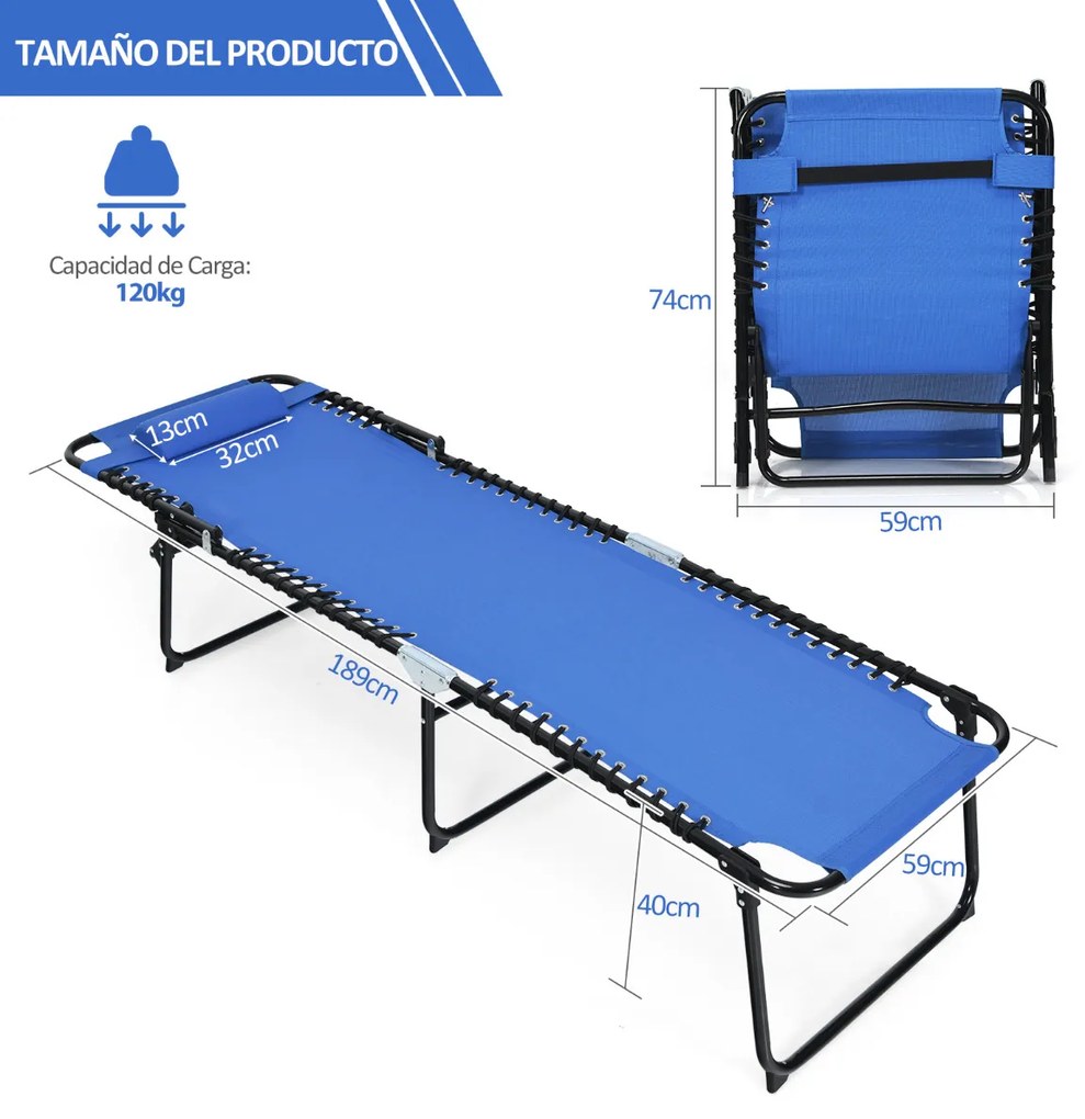 Espreguiçadeira de praia dobrável portátil Cadeira reclinável com encosto ajustável em 4 posições para campismo Pátio Piscina 189 x 59 x 40 cm Azul