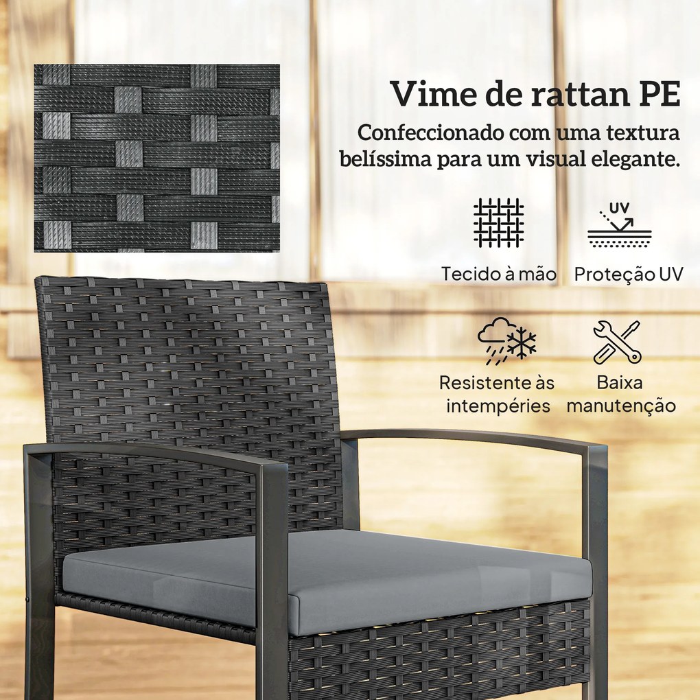 Conjunto de Móveis de Jardim de 3 Peças em Vime PE com Cadeiras Mesa de Vidro Temperado e Almofadas Cinza Claro