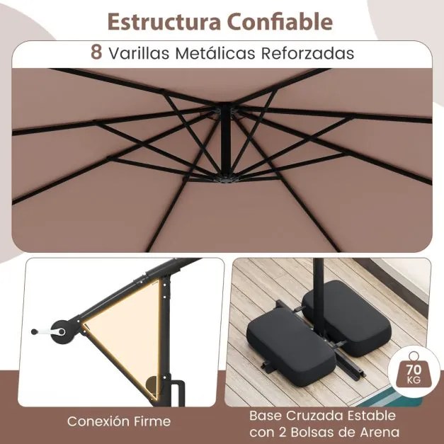 Guarda-sol 300 x 260 cm com base, iluminação LED, 9 modos, ajuste fácil da inclinação, rotação de 360° Café