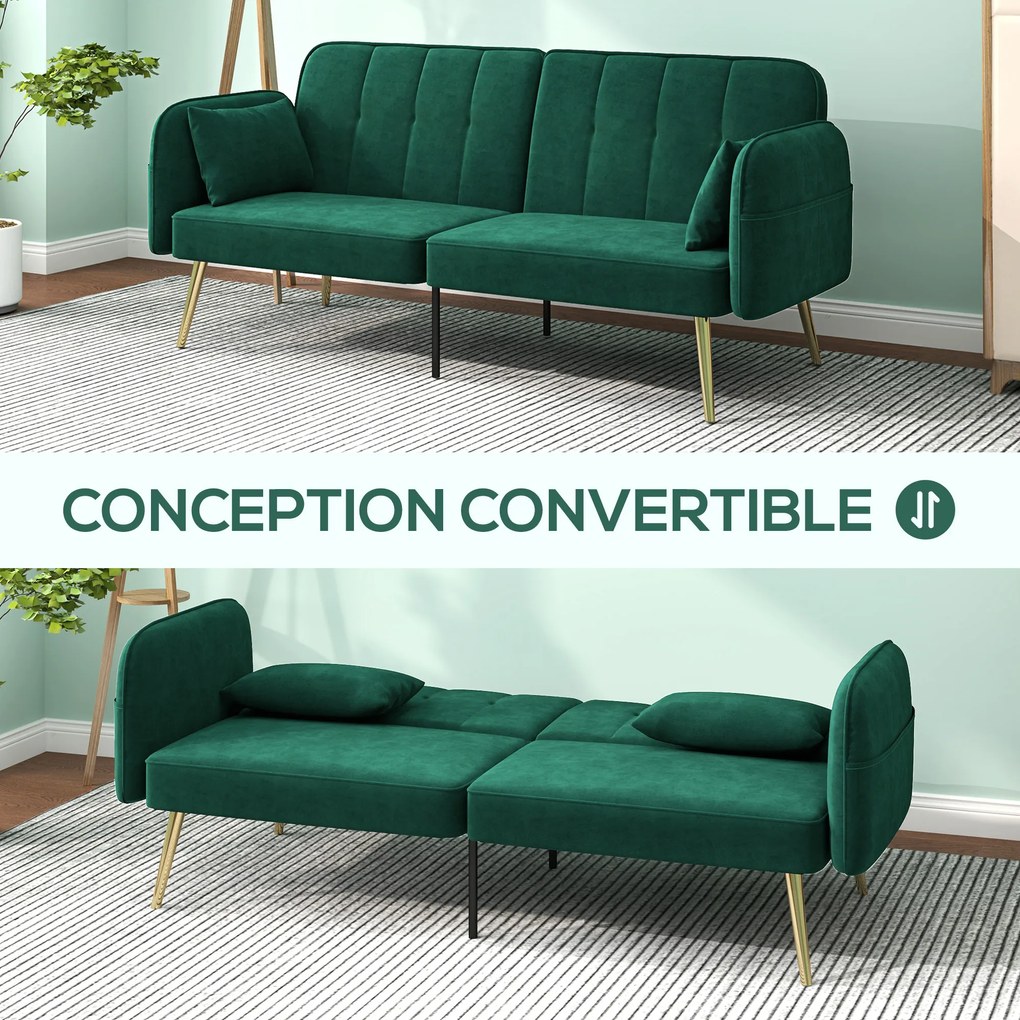 Sofá-cama de 2 lugares, 180 x 74 x 79,5 cm em tecido de veludo com encosto ajustável, verde escuro