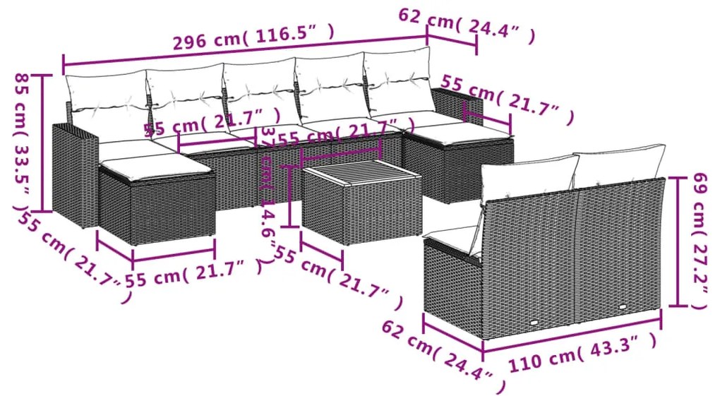 10 pcs conjunto sofás de jardim c/ almofadões vime PE preto