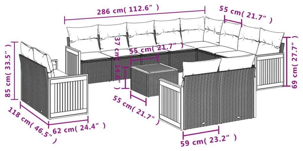 13 pcs conjunto de sofás de jardim com almofadões vime PE preto