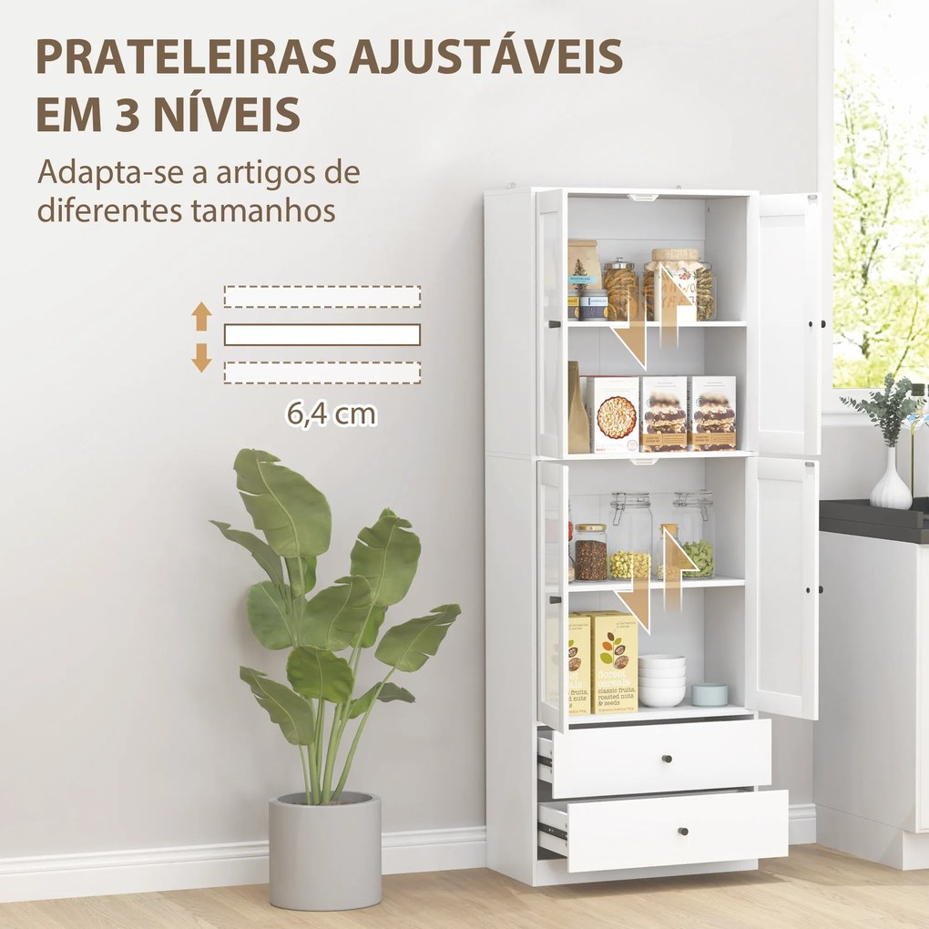 Armário de Cozinha Alto Móvel Auxiliar de Cozinha com 4 Portas de Vidro 2 Gavetas Prateleiras Ajustáveis 59x30x170 cm, Branco